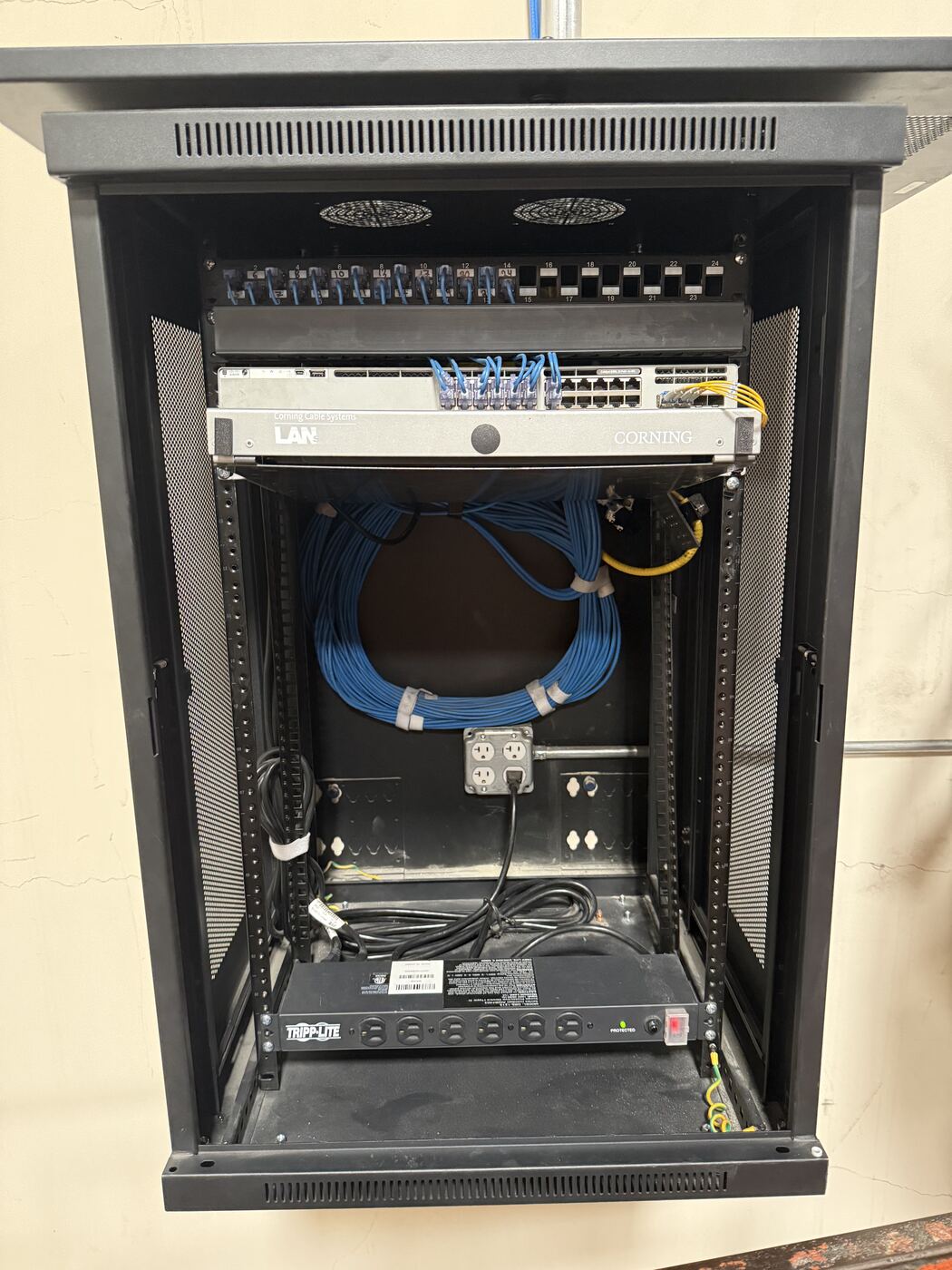 Wall-mount network cabinet with organized equipment